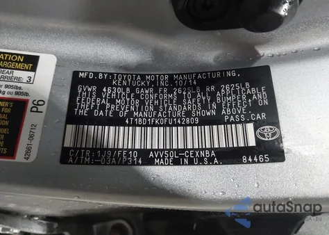 2015 Toyota Camry Hybrid Le z USA, uszkodzony, nr VIN 4T1BD1FK0FU142809